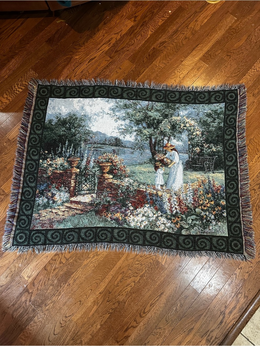 Barbara Mack Tapestry Fringed Throw Blanket Wall Hanging Garden Scene 59”x44”